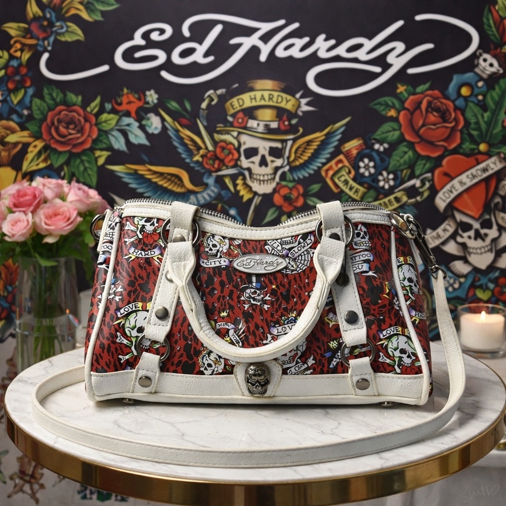 Ed Hardy Rhinestone Red and White Skull-Print Shoulder Satchel